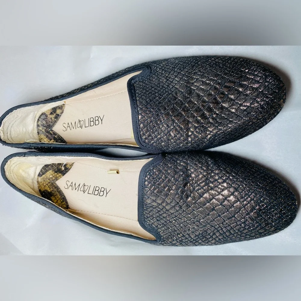 SAM & LIBBY Gold Black Studded Slip On Flats Glittery Fabric Womens Shoes‎ , 8